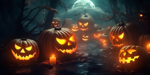 Pumpkins for Halloween with candles. Ghost Pumpkin. Generative Ai.