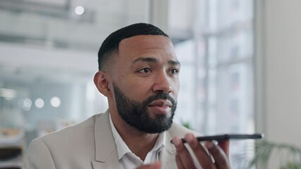 Businessman, phone call and talking on speaker in conversation, communication or proposal at the office. Man or employee speaking on mobile smartphone app, voice note or discussion at the workplace