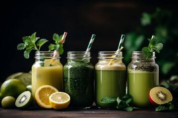 Glass jar mugs filled with refreshing green health smoothies, Generative Ai