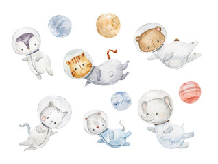 Animals  astronaut adventures in space. Hand drawn watercolor space illustration. Dreamy adventurous fun cartoon for children cosmic exploration. Watercolor style illustration
