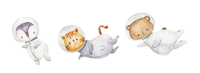 Animals  astronaut adventures in space. Hand drawn watercolor space illustration. Dreamy adventurous fun cartoon for children cosmic exploration. Watercolor style illustration