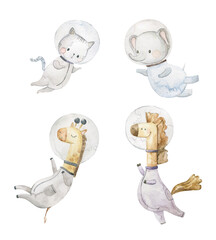 Animals  astronaut adventures in space. Hand drawn watercolor space illustration. Dreamy adventurous fun cartoon for children cosmic exploration. Watercolor style illustration