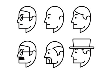 vector illustration of a male icon's head side view, with six different shape sets