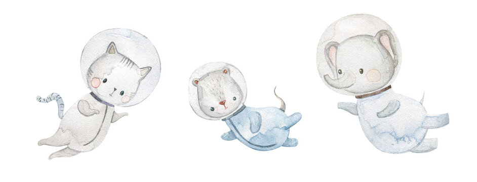 Animals  astronaut adventures in space. Hand drawn watercolor space illustration. Dreamy adventurous fun cartoon for children cosmic exploration. Watercolor style illustration