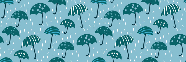 Seamless pattern with umbrellas on a blue background. Creative print with umbrellas and raindrops . Perfect for fabrics, paper, scrapbooking, postcards... Autumn-summer collection. Vector 