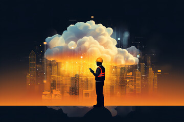 Silhouette of a tech-savvy individual engaged in uploading chunks of data to an overarching digital cloud