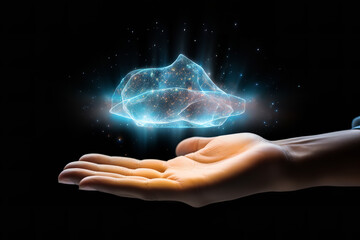 The future of cloud access portrayed by a hand extended towards a shimmering 3D holographic cloud icon