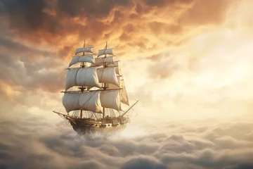 Foto op Plexiglas Schip A majestic sailing ship cruises amidst clouds, a metaphor for navigating the vastness of cloud storage spaces