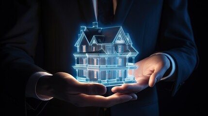 a businessman's hands holding an illuminated house with a light shining through the house