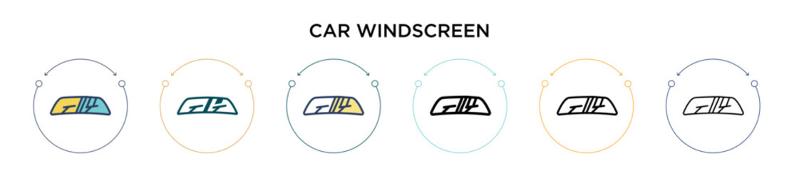 Car windscreen icon in filled, thin line, outline and stroke style. Vector illustration of two colored and black car windscreen vector icons designs can be used for mobile, ui, web - obrazy, fototapety, plakaty