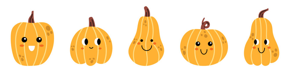 Vector cute halloween or thanksgiving pumpkin set. Collection of kawaii happy halloween pumpkins. Cute pumpkin with faces. Funny smiling pumpkins for halloween or thanksgiving celebration.