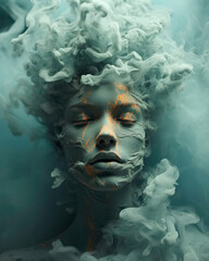 woman in smoke on a teal paper background