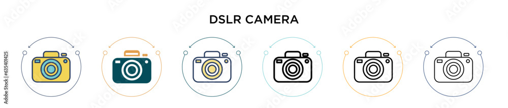 Poster dslr camera icon in filled, thin line, outline and stroke style. vector illustration of two colored 