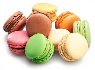 Colorful french macaroon cookies isolated on white background.