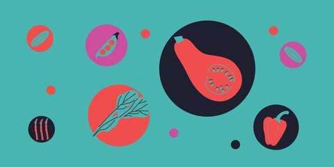 Abstract appetizing Vegetables collection. Decorative abstract horizontal banner with colorful doodles. Hand-drawn modern illustrations with Vegetables, abstract elements