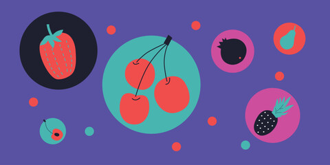 Appetizing fruit and berries collection. Decorative abstract horizontal banner with colorful doodles. Fruit and berries, abstract elements

