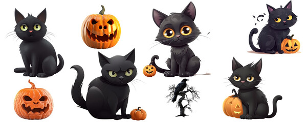 Set of cats, pumpkins, raven isolated on a transparent background. Halloween pictures. Generative AI.