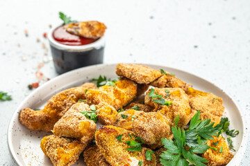nuggets on a light background, Restaurant menu, dieting, cookbook recipe top view