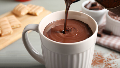 Pouring yummy hot chocolate into cup on table, closeup