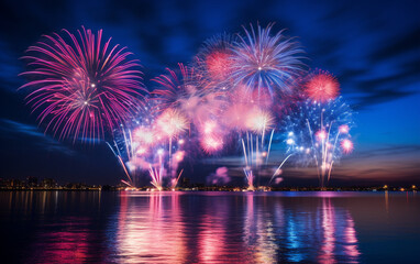 Fototapeta premium Beautiful blue and pink fireworks display lights up the sky with dazzling display during new year
