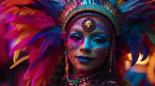 Attractive woman in a carnival mask, created with Generative AI technology.