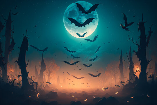 Moody night scene with flying bats on sky and moon background