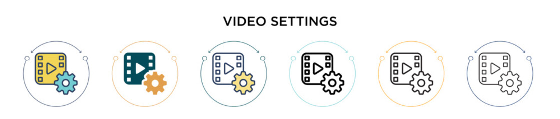 Video settings icon in filled, thin line, outline and stroke style. Vector illustration of two colored and black video settings vector icons designs can be used for mobile, ui, web