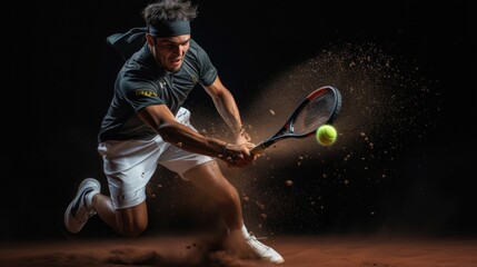 A tennis player hits the ball next to the net. Clay court. 2