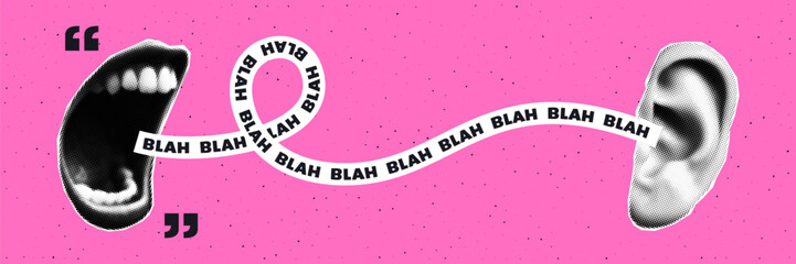 Trendy halftone collage banner. Gossip concept. The mouth screams in the ear. Contemporary grunge style. Retro vector illustration.	