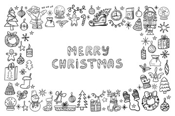 Cute set of Christmas and New Year elements with lettering. Good for design, greeting card, decoration, textile. Hand drawn. Vector illustration EPS10 in doodle style. Isolated on white background