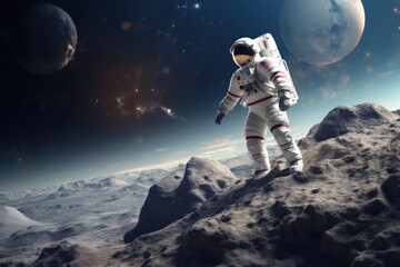 Astronaut exploring the moon and another floating in space above a snowy mountain where a woman snowboards, embodying adventure and extreme winter sports