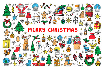 Naklejka premium Big colorful set of Christmas elements with lettering. Cute illustration for design, greeting card, decoration, textile. Hand drawn. Vector illustration EPS10 in doodle style. 