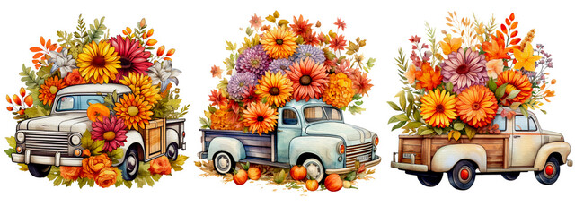 Watercolor retro truck with Flower fall isolated on transparent background for Halloween designs like cards, invitations, and holiday decorations. Generative AI
