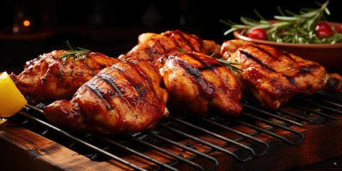 Grilled chicken, a juicy masterpiece of BBQ bliss. A backyard cookout, where the aroma of sizzling goodness fills the air. 🍗🔥🍽️