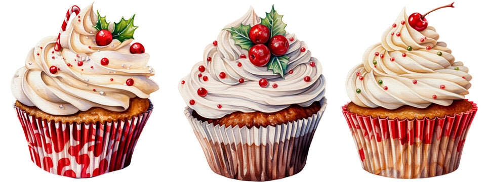 Set of Christmas cupcakes in watercolor, party elements set isolated on transparent background, png