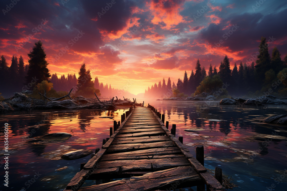 Aufkleber A jetty stretching out into a calm lake, providing a clear and direct path to a small island on the horizon.  Generative AI technology.