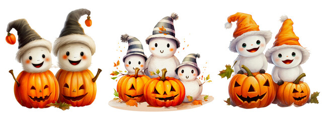 Set of watercolor snow man characters isolated on white background in Halloween with pumpkins, snowman with Jack o lantern. Generative ai.