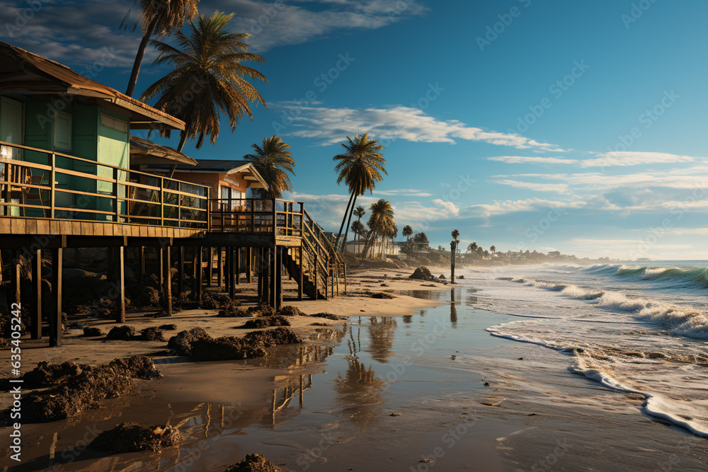 Poster A row of tall palm trees lining a beach boardwalk, guiding beachgoers towards the sandy shores and crashing waves.  Generative AI technology.