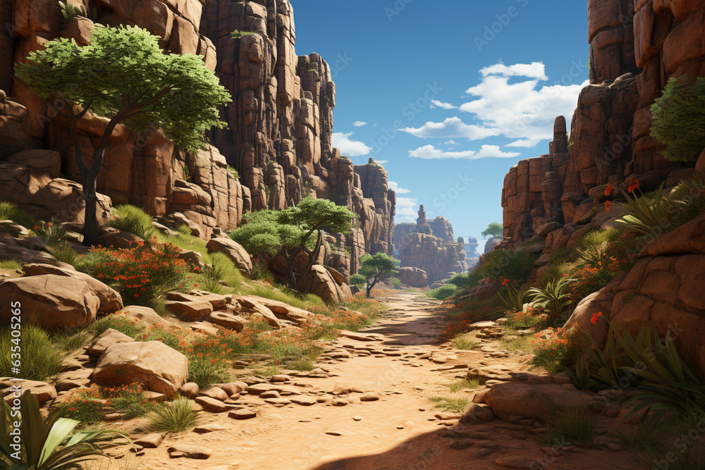 Poster a sandy trail leading to a hidden desert oasis, beckoning travelers to discover a refreshing and une
