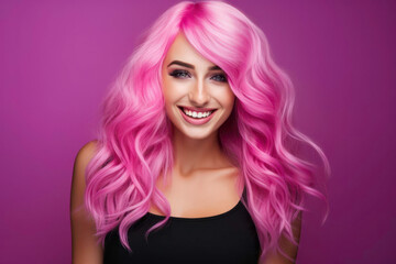 portrait of a woman with pink hair  in front of a pink background