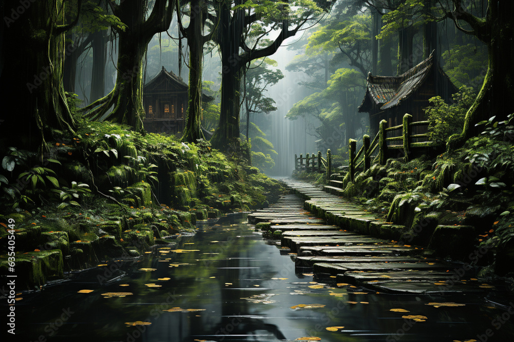 Poster A wooden pathway leading through a dense bamboo forest, enveloping travelers in a serene and enchanting environment.  Generative AI technology.