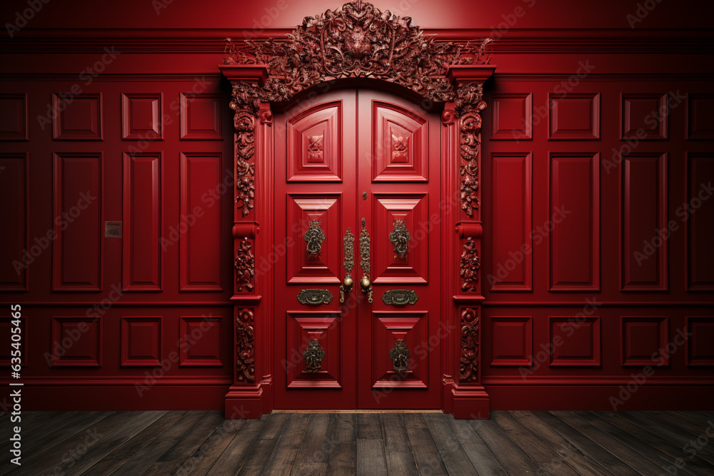 Poster a vibrant red door with a brass knocker, set in a quaint neighborhood and providing a pop of color. 