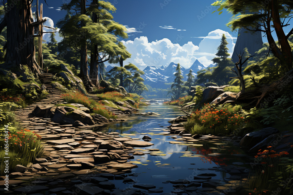 Aufkleber A series of stepping stones crossing a tranquil pond, creating an inviting pathway through a serene landscape.  Generative AI technology.