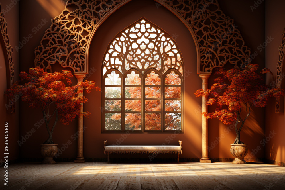 Poster Moroccan-style window with intricate geometric patterns, casting intricate shadows in a vibrant interior.  Generative AI technology.