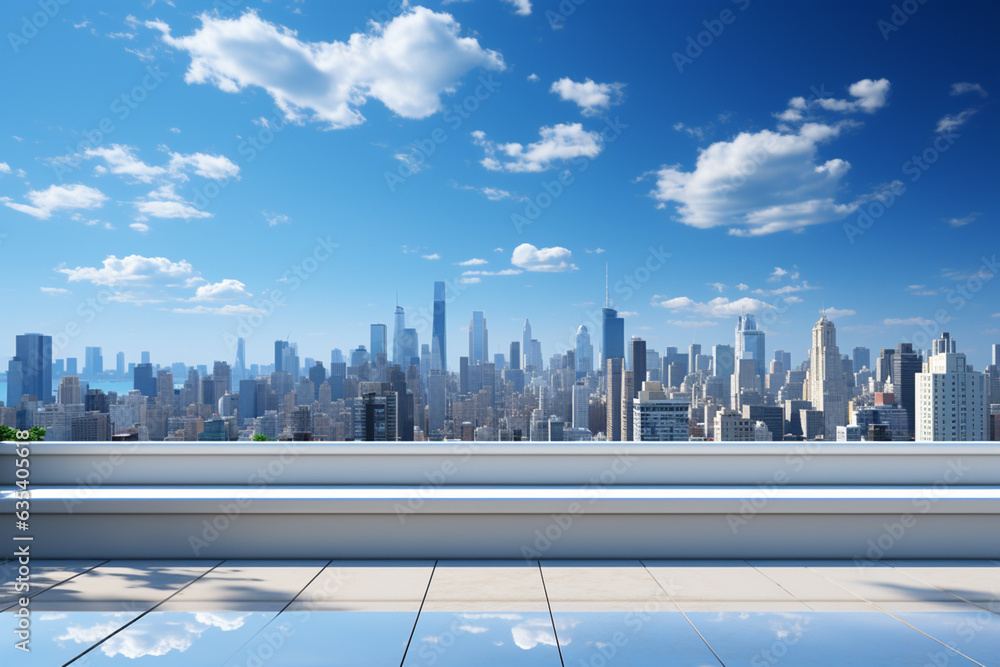 Poster a minimalist window in a sleek urban apartment, framing a view of towering skyscrapers against a cle