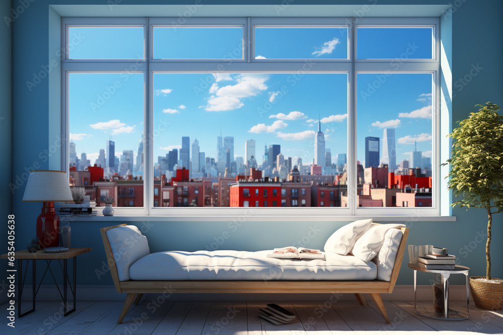 Aufkleber a minimalist window in a sleek urban apartment, framing a view of towering skyscrapers against a cle