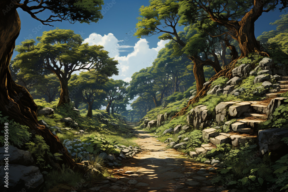 Aufkleber A winding path through a dense forest, surrounded by tall trees with their branches forming a natural canopy.  Generative AI technology.