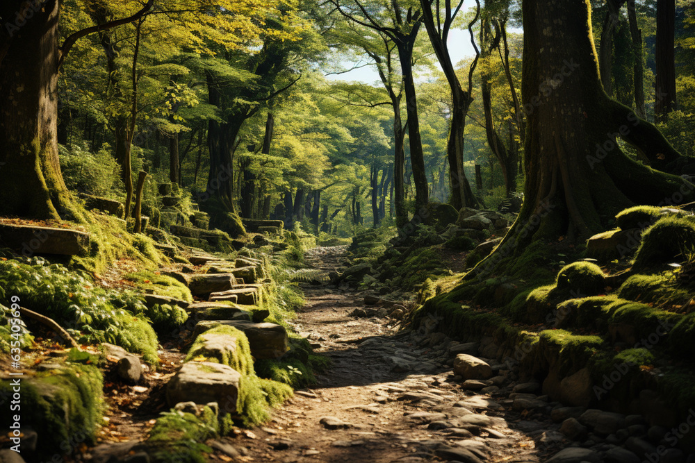 Aufkleber A winding path through a dense forest, surrounded by tall trees with their branches forming a natural canopy.  Generative AI technology.