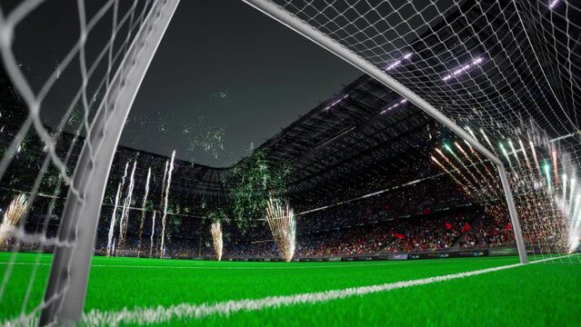 Celebration on soccer stadium arena. fireworks, effects fans. opening game. 3d render