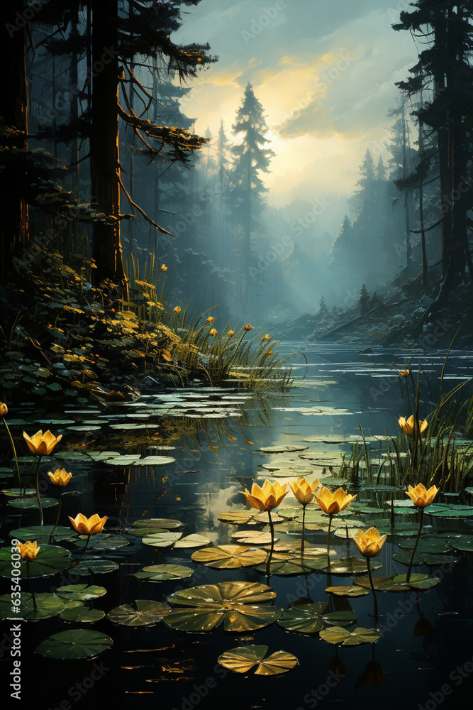 Poster a tranquil pond with bulrushes standing tall amidst reflections of the surrounding landscape. genera